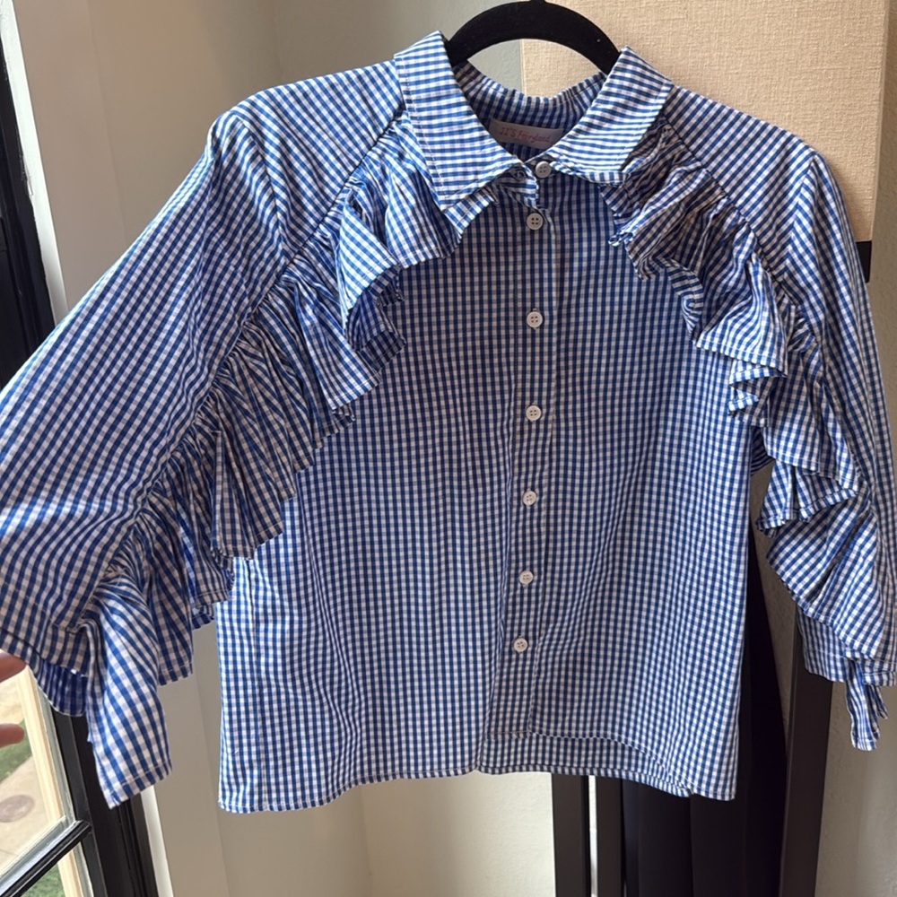 Blue Gingham Kids Shirt with Ruffle Detail